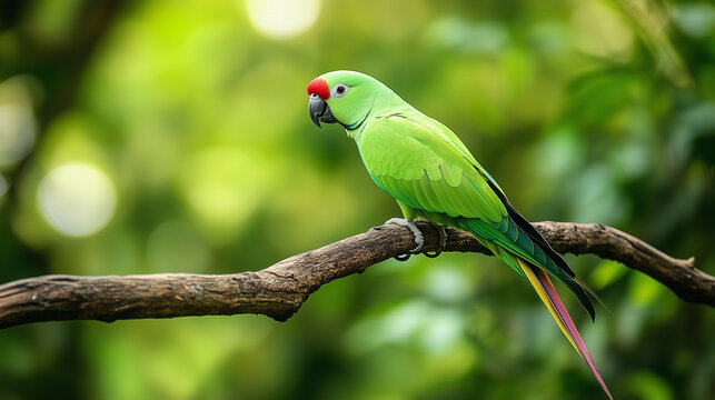 Vibrant Green Parrot Perched on Branch with Blurred Nature Background - Indian Ringneck Parakeet in Natural Habitat, Colorful Wildlife Close-Up