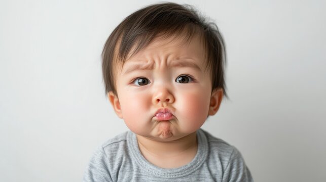 Adorable Asian baby crawling on a white background, displaying a slightly upset expression with furrowed brows and puckered lips. A moment of babyhood reflecting curiosity mixed with frustration.