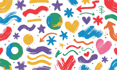 Modern vector-style hand-drawn illustration of colorful brushstroke elements, easily editable.