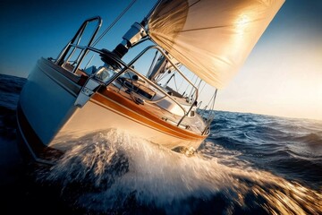 Obraz premium An intimate perspective of a sailboat’s bow against the backdrop of the sea.