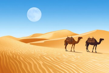 Camels crossing desert under a full moon in illustration for travel or adventure