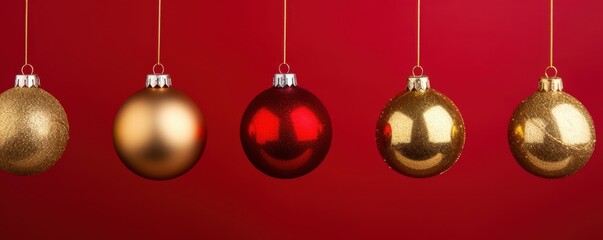 Fototapeta premium hanging red and gold christmas balls on red background