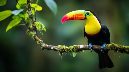 Vibrant Keel-billed Toucan Perched on Mossy Branch in Lush Rainforest