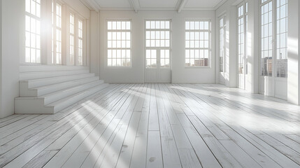 Obraz premium Bright White Room Minimalist Design, Wooden Floor, and Sunlight for Modern Home