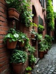 Fototapeta premium Charming alleyway adorned with vibrant plants and greenery in a historic urban setting
