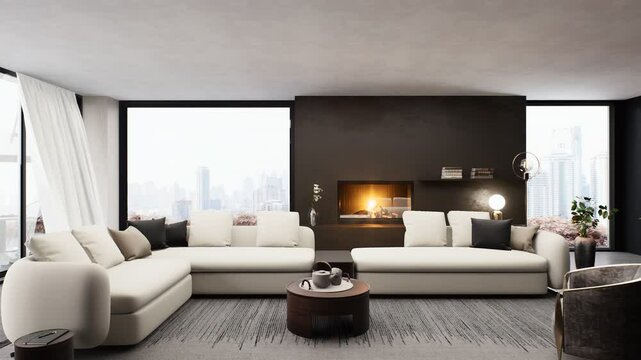 3D illustration of a contemporary living room with beige and brown decor elements. The apartment has earth tones, decor, and furniture with a city view. Zoom in cinematic shot.