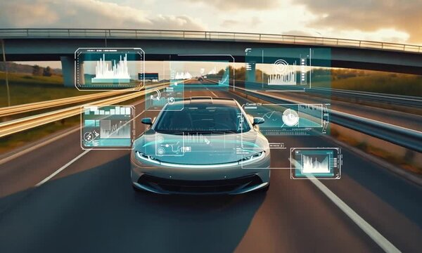 A self-driving car equipped with autopilot glides along a sunlit highway towards its destination. This showcases the advancements in technology through animated visuals