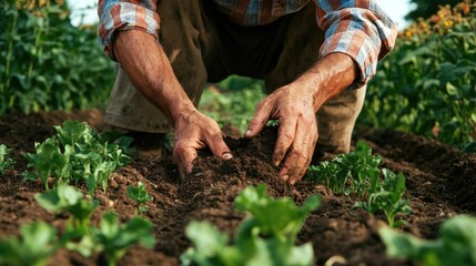 Farmer examines soil in hands, assessing soil health on a farm.