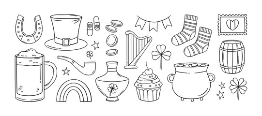 St. Patrick's Day hand drawn line art vector design elements big set. Patricks Day doodles, stickers, cliparts
