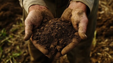 Farmer evaluates soil quality by holding soil in hands on a farm.