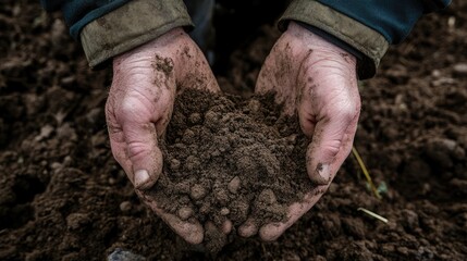 Farmer examines soil in hands to assess soil health on a farm.