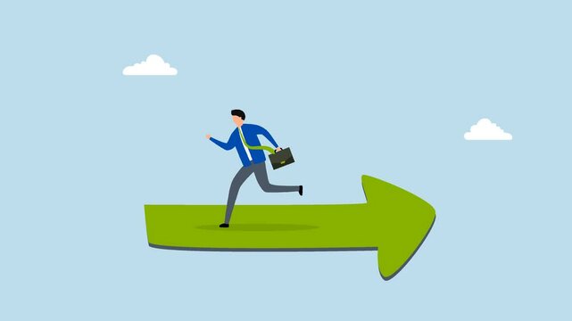 Wrong direction lead to mistake, 4k animation perplexed entrepreneur sprinting in the incorrect direction of the trend arrow. 
