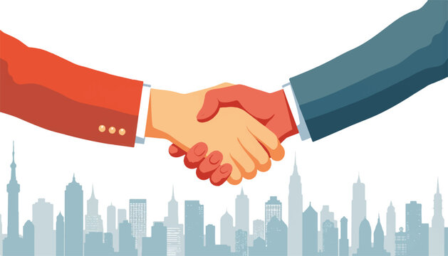 Strong handshake above geometric cityscape, partnership symbolism