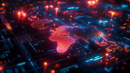 Fototapeta premium A dynamic 3D infographic displaying population density across continents, neon-lit holographic heatmap with glowing UI elements, futuristic sci-fi aesthetic, ultra-HD high-tech rendering. --ar 16:9