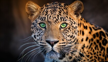 Fototapeta premium a close up of a leopard showcases its striking and intense gaze directly into the camera its piercing green eyes prominent whiskers and sleek muscular build are visible a blurred background