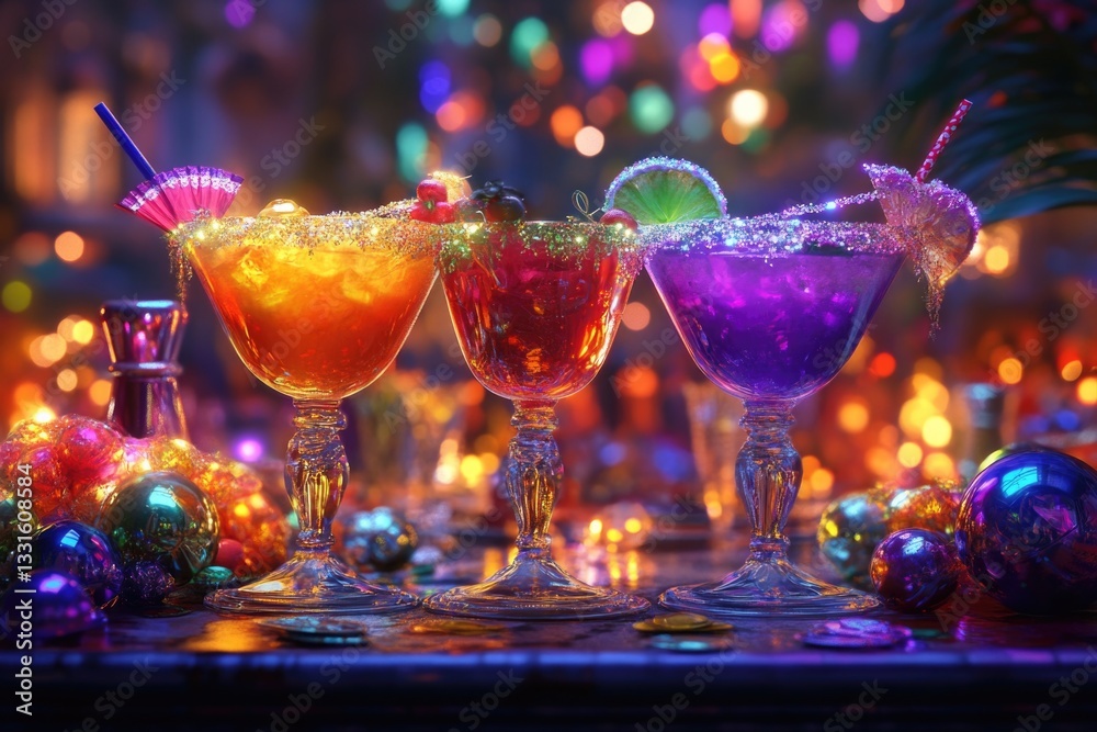 Poster three glasses with different colored drinks on a table, perfect for a party or event