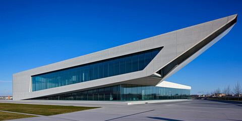 Modern architectural building with unique angled design and glass facade