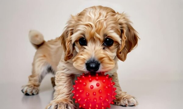 An adorable cockapoo puppy is having fun with a toy ball in a studio setting against a white background