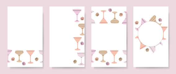 Abstract backgrounds with cocktail elements of minimal flat style and pastel colors. Editable template for social media post, card, cover, wedding invitation, poster