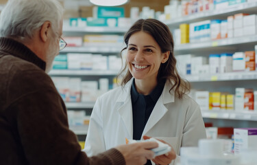 Pharmacist assisting elderly customer with medication at pharmacy