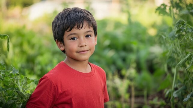 lifestyle: young Latino boy on a farm in a red shirt