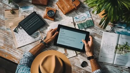 Person working on a tablet at a rustic desk surrounded by travel documents and a calendar
