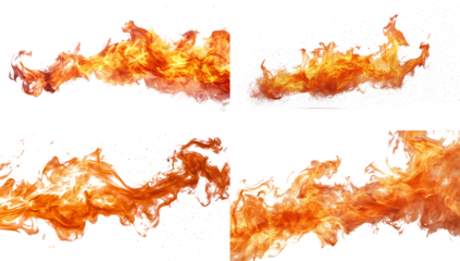 Fiery orange flames collection Isolated on Transparent Png burning fire abstract texture four different shapes hot energy power inferno blaze