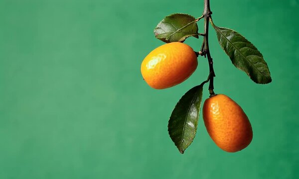 green screen video showcases close up of fresh kumquat fruit still attached to branch while its leaves sway gently in wind