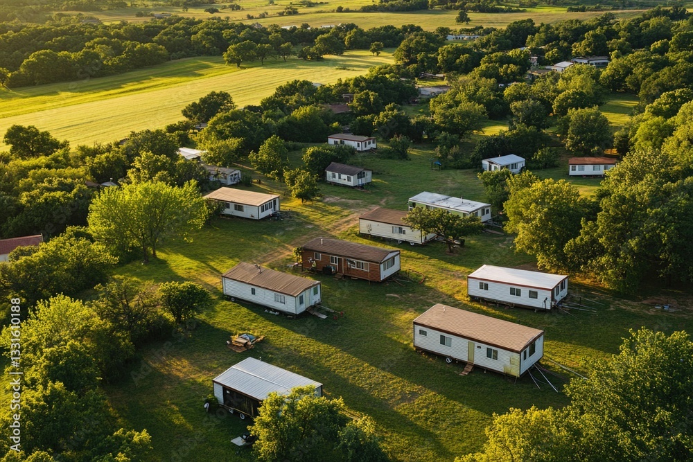 Poster an aerial view of a group of houses in a rural area, surrounded by green fields and possibly trees