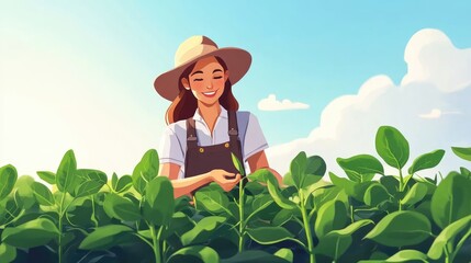 Portrait of a female farmer cultivating soybean, expressing satisfaction with the healthy progress of the plants. Agricultural profession.