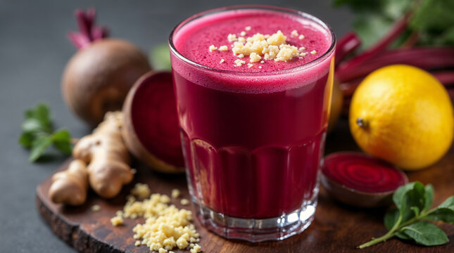 Jugo de betabel y jengibre en vaso con ralladura de jengibre