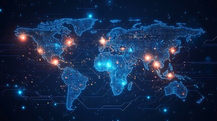 A futuristic digital world map showcasing global internet usage growth, glowing neon heatmaps highlighting connectivity by continent, holographic data overlays, deep cyber-blue background,