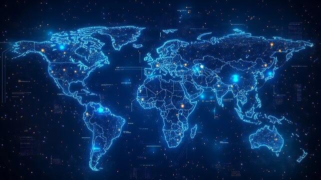 Fototapeta A futuristic digital world map showcasing global internet usage growth, glowing neon heatmaps highlighting connectivity by continent, holographic data overlays, deep cyber-blue background,