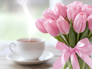 Fototapeta premium Relaxing morning tea with pink tulips home setting floral arrangement cozy atmosphere close-up serenity