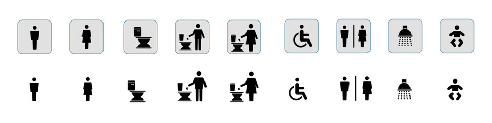 toilet vector icons representing male and female restroom symbols in a clean and minimalistic design. Perfect for signage, wayfinding, public facilities, mobile apps, websites, and print materials.