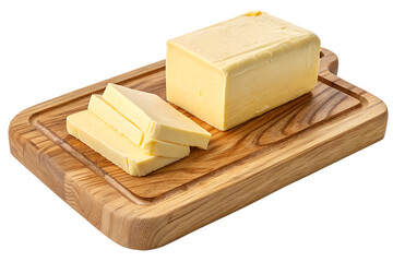 Wooden board with cut block of butter isolated on transparent background
