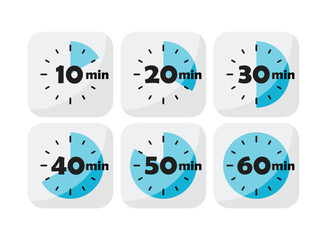 From 10 minutes to 60 minutes on stopwatch icon set collection in flat style. Clock face timer vector illustration on isolated background. Countdown sign business concept.