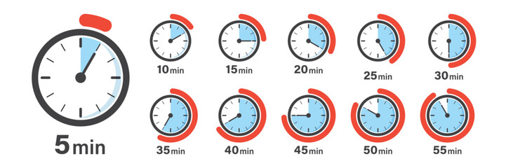 From 5 minutes to 55 minutes on stopwatch icon set collection in flat style. Clock face timer vector illustration on isolated background. Countdown sign business concept.