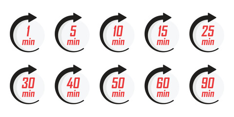 From 1 minite to 90 minutes on stopwatch icon in flat style. Clock face timer vector illustration on isolated background. Countdown sign business concept.