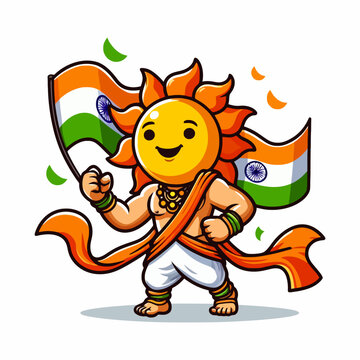 "Personaje indio como deidad del sol en estilo de dise&ntilde;o de logo vectorial de mascota cartoon colorida, con una figura vibrante sobre fondo transparente e aislado de clipart en formato vectorial."