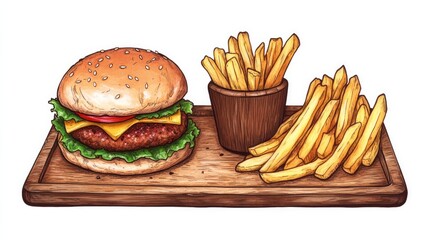 A serving of hamburgers with crispy French fries arranged on a wooden tray