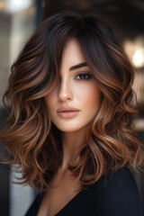 Naklejka premium A woman with long brown hair wearing a black top