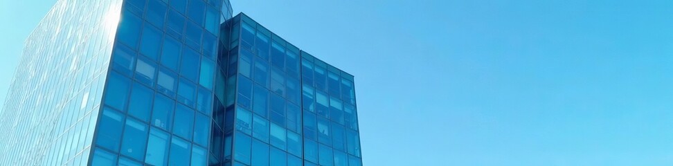 Glass facade of contemporary office building against clear blue sky, office building, modern, sky
