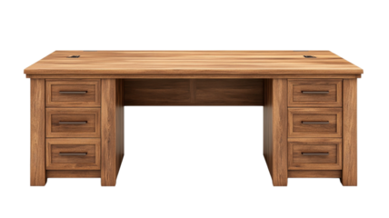 Elegant wooden desk with multiple storage drawers and a smooth surface for workspace organization