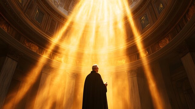 Radiant Reflection: A figure stands in a majestic hall, bathed in divine light. The image captures a moment of reverence and awe.  - Powered by Adobe