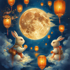 Naklejka premium Buddhist Mid-Autumn Festival celebration, legendary Moon Goddess Chang'e and the Jade Rabbit sitting under a glowing full moon, floating lanterns and misty clouds, Mid-Autumn Festival