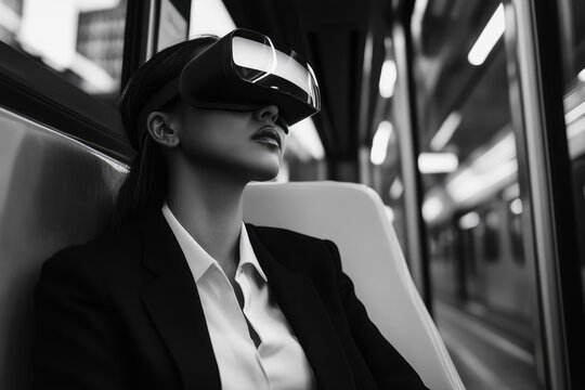 A businesswoman wearing a VR headset, experiences immersive technology while commuting on public transport.