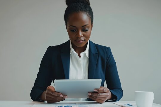 A businesswoman in a navy blue blazer reviews documents on her tablet.
