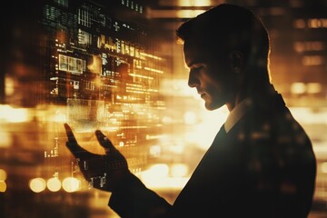 A businessman interacts with a futuristic holographic interface, analyzing data streams in a dimly lit urban setting.