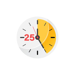 25 minutes on stopwatch icon in flat style. Clock face timer vector illustration on isolated background. Countdown sign business concept.